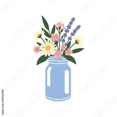 Spring wildflowers in mason jar vector clipart, pastel floral bouquet illustration