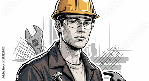 This image shows a portrait-style illustration of an engineer wearing safety equipment, symbolizing technical expertise and industrial professions.
