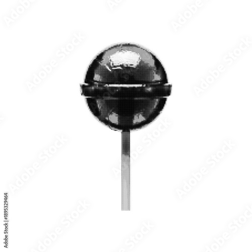 Black and white halftone dot pattern close up of spherical lollipop candy front view on stick isolated on transparent background