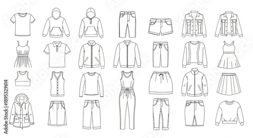 This image shows a collection of clothing items arranged as a fashion pattern, designed for apparel design, catalogs, and textile related visuals.

