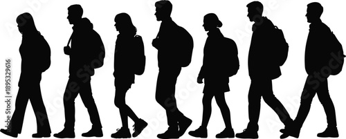 Black silhouettes of a diverse group of people walking with backpacks on a white background vector illustration