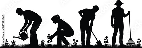 Silhouettes of people gardening with watering can shovel rake on white background planting