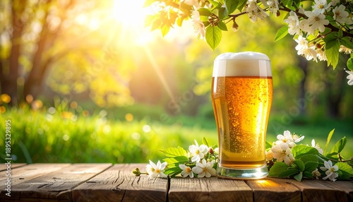 ビールが入ったグラス　ビールジョッキ　春のイメージの背景画像