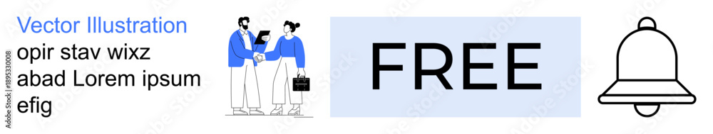 Obraz premium Business communication, marketing, notifications, alerts, teamwork, and advertisement. Two people interacting, the word FREE and a bell symbol. Business communication and marketing concept