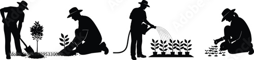 Silhouettes of People Planting and Watering Plants on White Background Keywords: planting, gardening, watering, plants