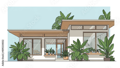 Modern mid century house with glass walls and lush greenery in front yard and patio design.