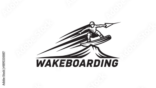 A black and white illustration of a wakeboarder performing tricks on a wave, conveying energy and excitement.