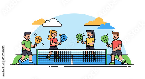 Mixed Doubles Padel Match Illustration on Blue Court
