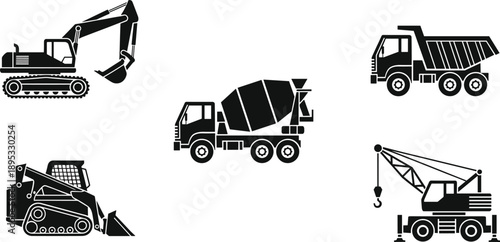 Construction vehicles including excavator cement mixer dump truck and crane in silhouette Keywords: excavator, cement mixer, dump