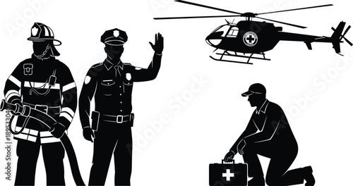 Silhouettes of emergency responders and helicopter on white background Keywords: silhouette, emergency, responders, firefighter