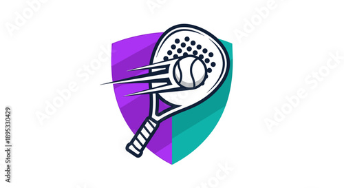 Dynamic padel logo with racket hitting ball on shield