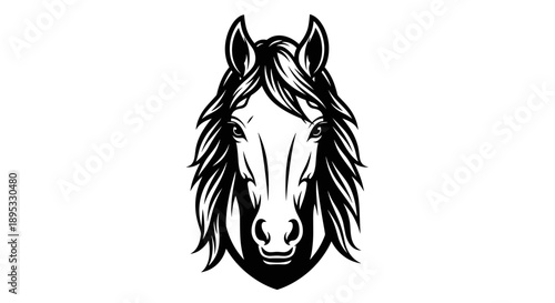 Detailed head of a horse in black and white line art