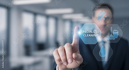 A businessman interacting with a virtual interface displaying specialized cleaning options