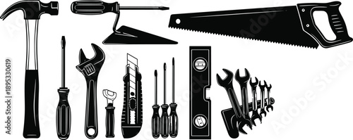 Collection of black silhouette illustration of various hand tools construction repair