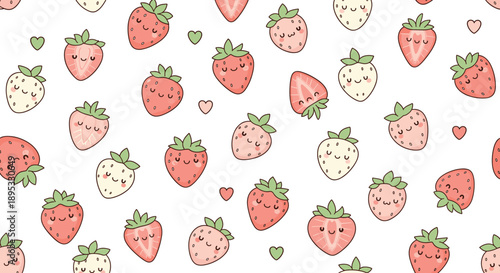 Cute kawaii strawberry seamless pattern background with adorable happy fruit faces and tiny hearts in sweet pastel vector style.