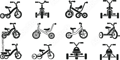 Twelve black and white icons of children's tricycles and bicycles bike kids