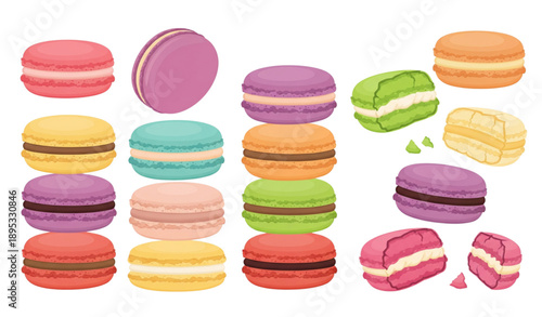 Colorful macaron cookie vector set isolated on white background