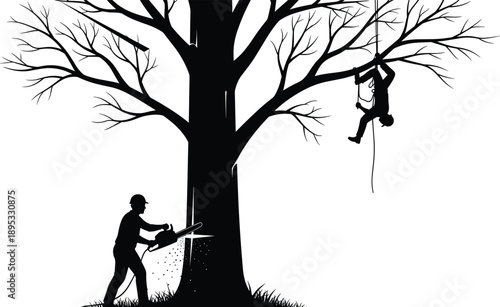 Silhouette of Arborist and Chainsaw Operator Working on a Large Tree logger