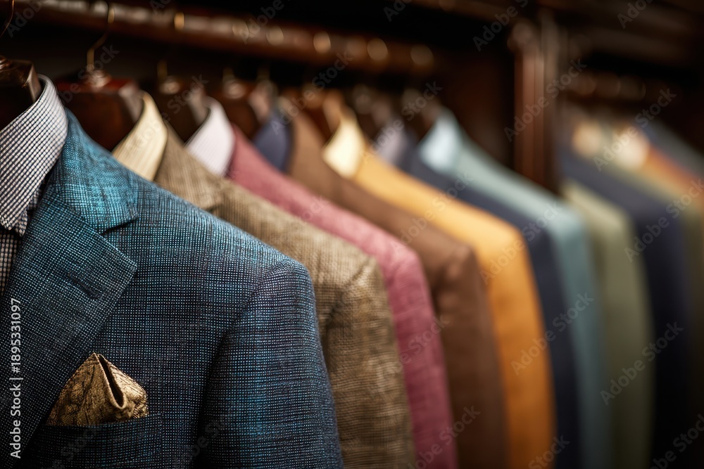 Naklejka premium Close-up shot of colorful suit jackets hanging in wardrobe. Great for men's fashion, style or business concepts.