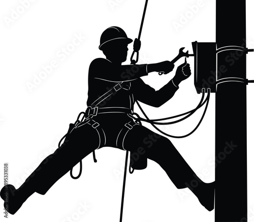 Silhouette of lineman worker suspended by ropes repairing electrical box on pole electrician