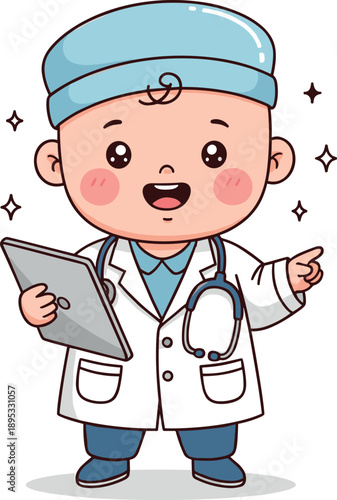 Cute Kawaii Baby Doctor Character Vector Illustration Holding A Digital Tablet And Wearing A Stethoscope For Pediatric Healthcare Concepts.
