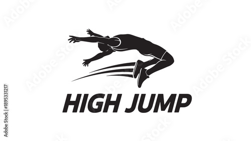 A sleek black silhouette of an athlete performing a high jump with bold motion lines, set against a clean white background.