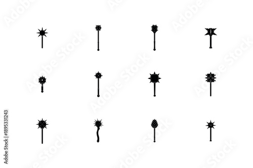 Medieval Mace and Spiked Club Weapon Silhouette Vector Icon Set