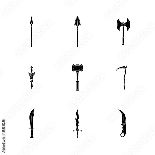 Medieval Fantasy Melee Weapon Silhouette Vector Icon Set featuring Sword Axe and Spear