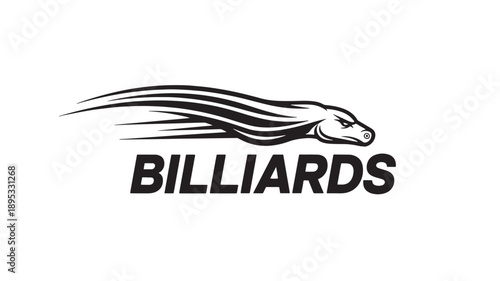 A sleek black and white billiards logo featuring a snake in motion, conveying speed and agility. Ideal for sports and entertainment branding.