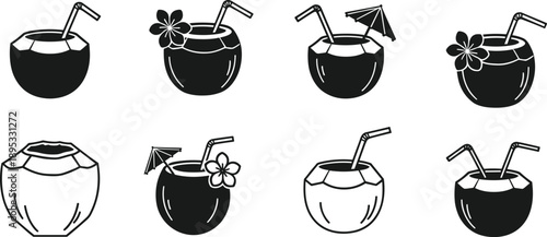 Set of coconut drink icons with straws and umbrellas cocktail beverage