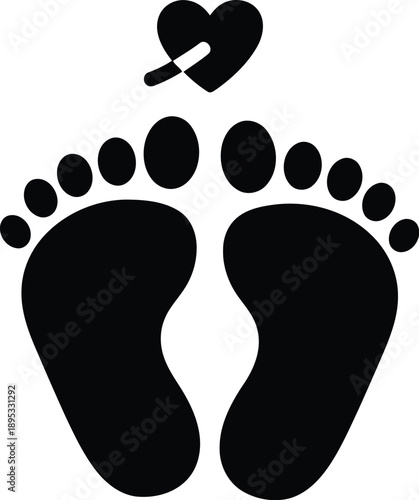 Baby footprints silhouette black infant feet icons with heart symbol newborn child celebration and pregnancy decoration