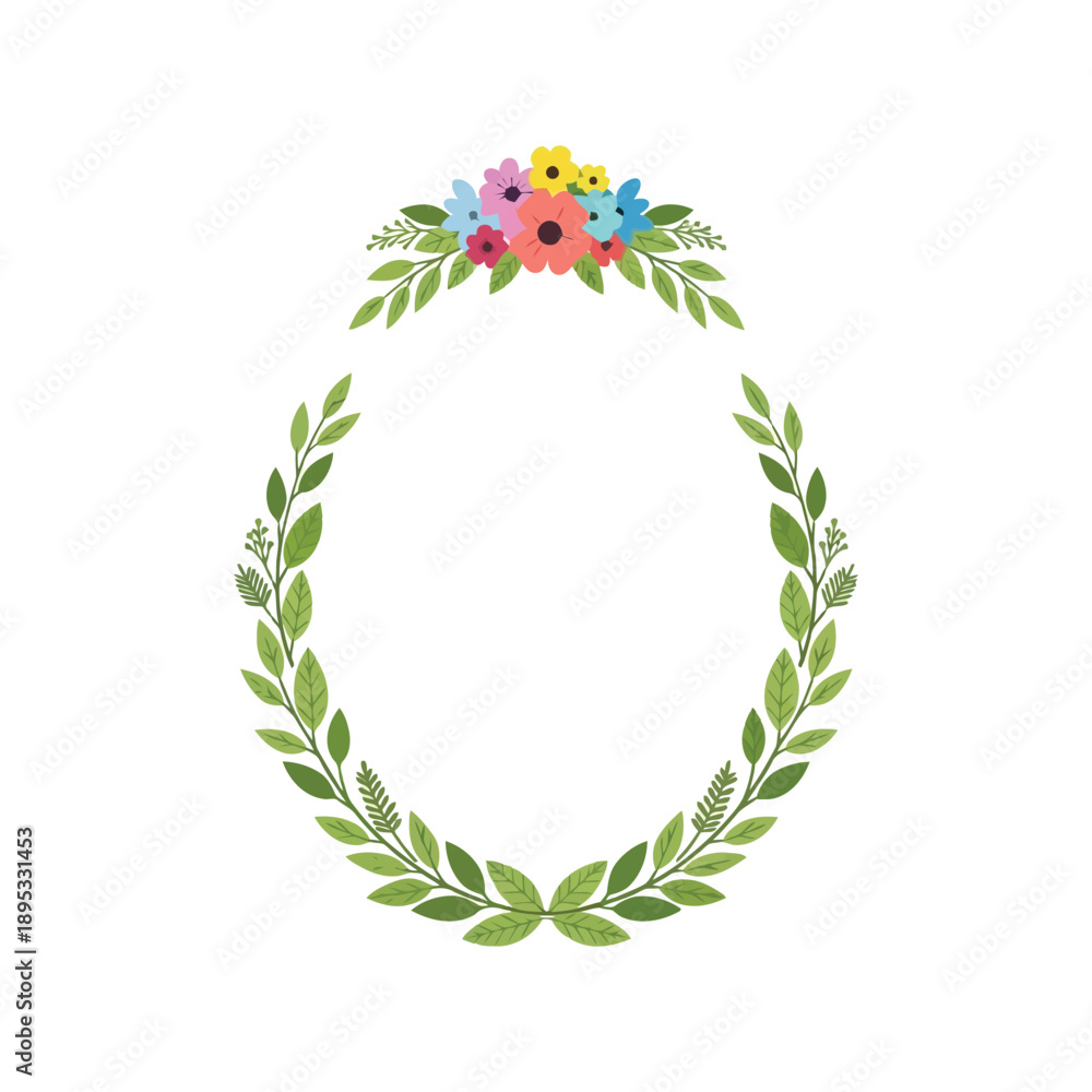 Naklejka premium Floral laurel wreath vector clipart with green leaves and colorful flowers for invitations