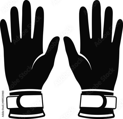 Black Silhouette of Two Work Gloves with Buckled White Cuffs on White Background Keywords: gloves, work gloves, safety gloves