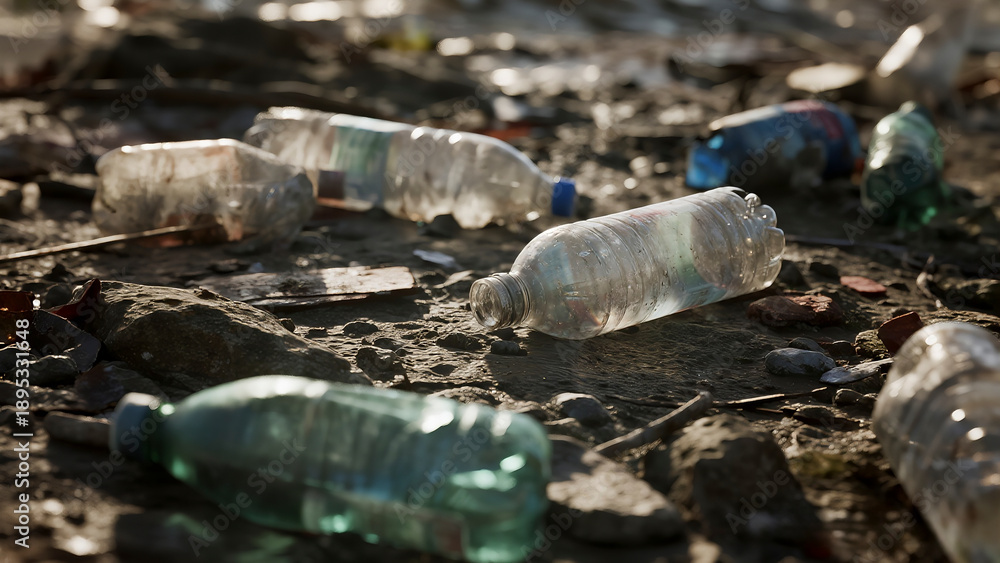Fototapeta premium Beach shore covered in plastic bottles, ocean pollution disaster