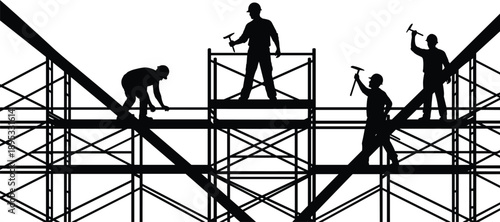 Construction Workers Silhouettes on Scaffolding with Hammers Keywords: construction, workers, silhouettes, scaffolding, building