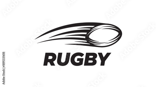 A sleek black rugby ball logo with motion lines, symbolizing speed and energy, on a clean white background.