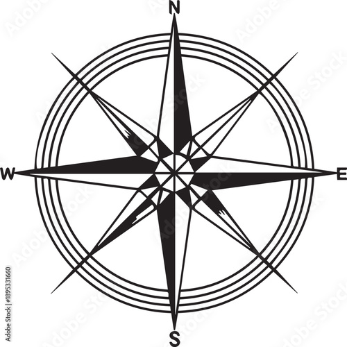 A clean, vector-style image of a classic compass rose, showcasing North, South, East, and West directions, used to find directions, which stands for exploration, navigation, and direction.