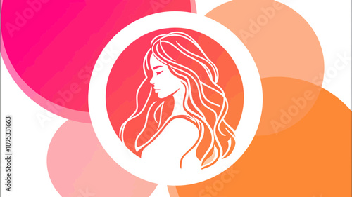 Elegant woman profile illustration with long flowing hair, stylized in a circular frame against a vibrant abstract background
