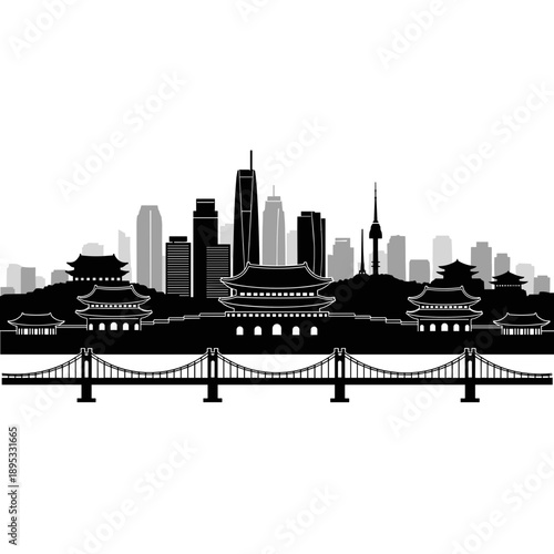 Detailed Seoul City Skyline Silhouette with Traditional Roofs