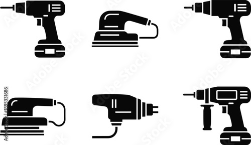 Assortment of Black and White Icons for Power Tools and Heat Gun drill sander