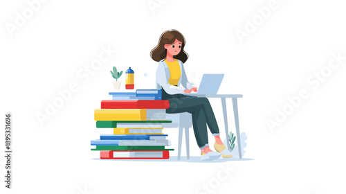 Young woman working on laptop at desk with a stack of colorful books. Education, online learning, student and knowledge concept.
