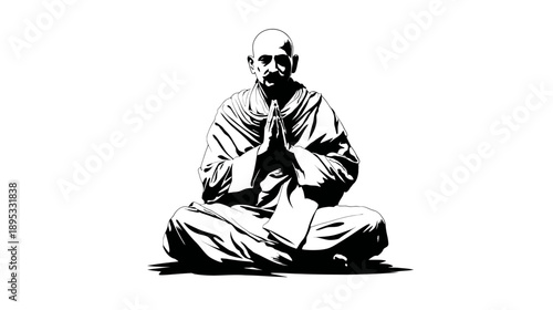 Graphic illustration of a serene bald man meditating in a cross-legged pose with hands pressed together, symbolizing peace and wisdom.