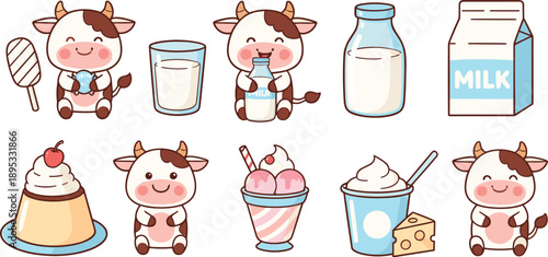 Cute kawaii cow character set with milk bottle glass carton ice cream cheese and pudding vector illustrations for dairy branding.
