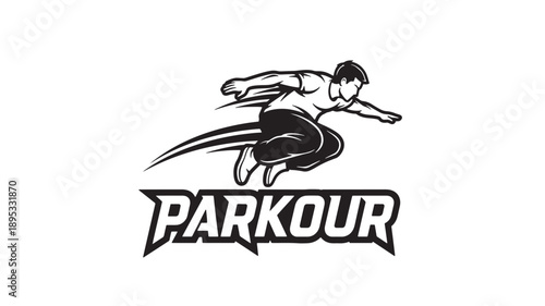High energy black and white illustration of a parkour athlete mid jump over a bold stylized logo, perfect for sports branding, fitness campaigns, and urban lifestyle designs.