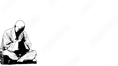 Minimalist black and white illustration of a meditating figure in a prayer pose, symbolizing peace, spirituality, and mindfulness