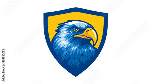 Majestic Blue and Yellow Eagle Head Mascot Illustration within a Heraldic Shield, Symbolizing Strength and Leadership