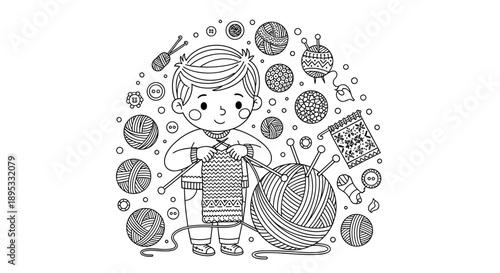 Young Boy Knitting Surrounded by Craft Supplies