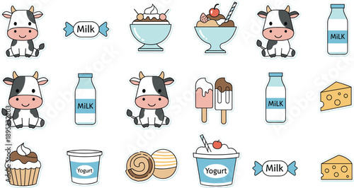 Cute kawaii cow character set with milk bottle yogurt cup cheese slice ice cream and candy sticker vector illustrations for dairy branding.