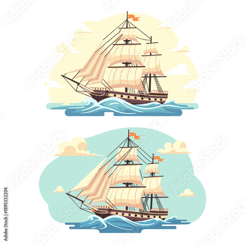 Two variations of historical sailing ship illustrations