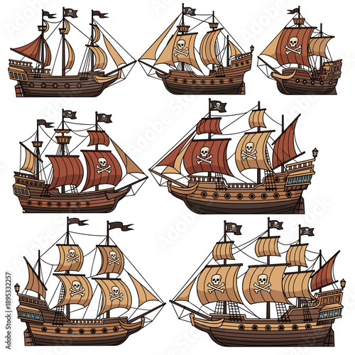 Collection of diverse historical pirate ships